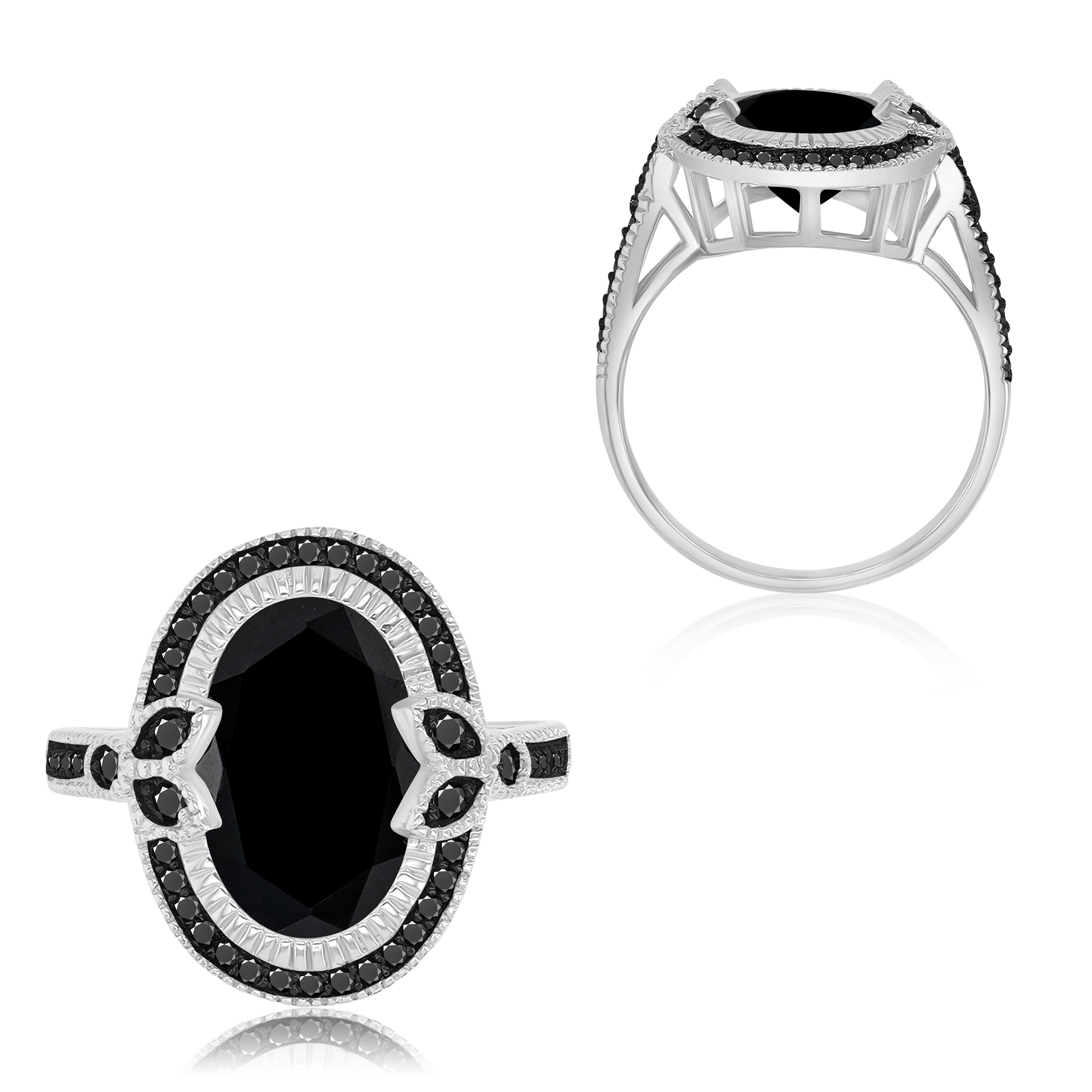 Sterling Silver Rhodium & Black 13x9mm Ov & Rnd Black Spinel Milgrain Oval Ring