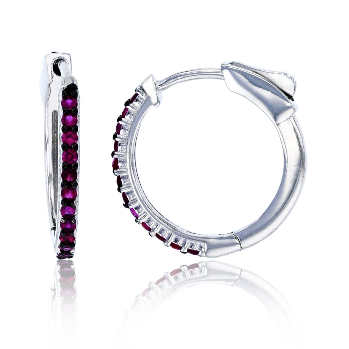 Sterling Silver Black & White 20x2mm One-Row Pave Ruby Hoop Earring with Safety Lock