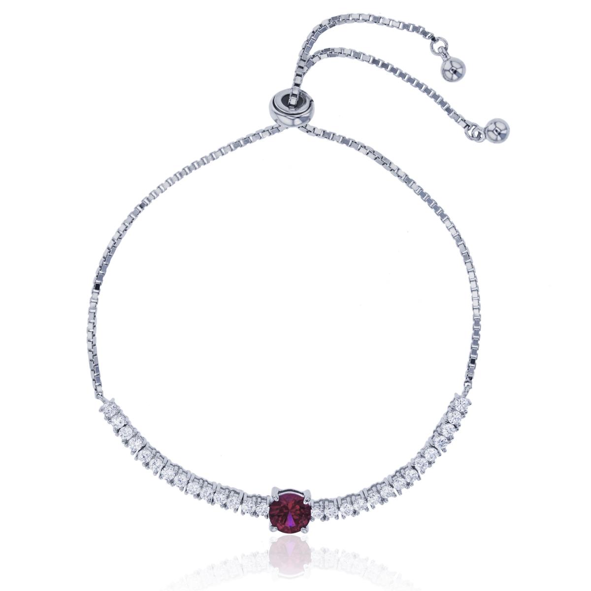 Sterling Silver Rhodium 6mm Round Cut Glass Filled Ruby Solitaire Adjustable Bracelet