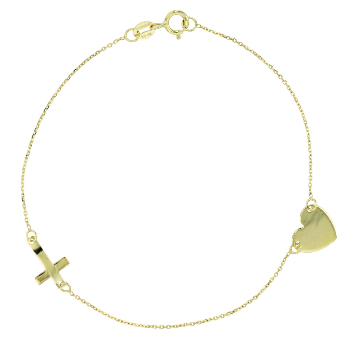 14K Yellow Gold High Polish 11x7mm Cross & Heart Chained 7.5"Bracelet