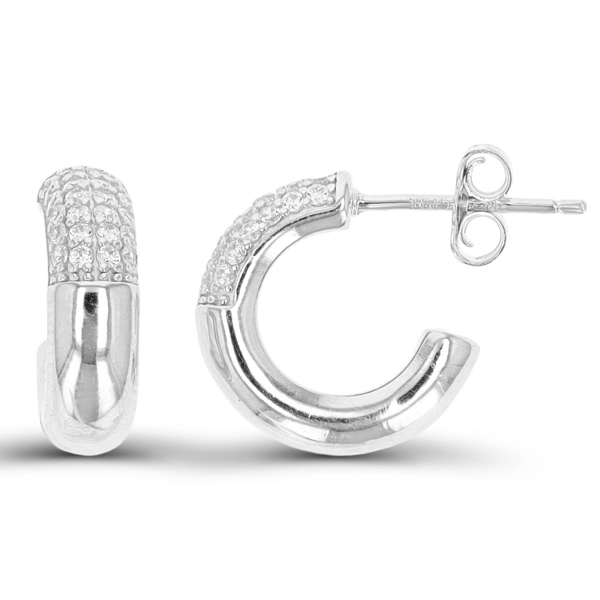Sterling Silver Rhodium 14X5mm White Zircon Half Hoop Earring
