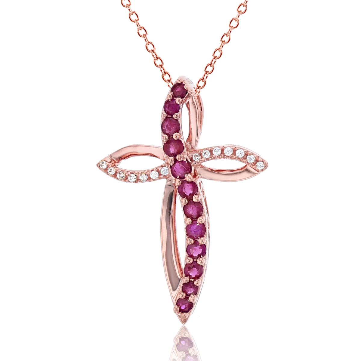  Sterling Silver Rose Cr White Sapphire and Ruby Cross 18" Necklace
