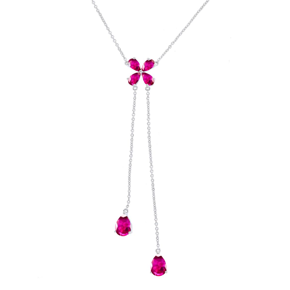 Sterling Silver Rhodium 7x5mm Glass Filled Ruhby /5x3mm Pear Shape Ruby Flower Dangling 18" Necklace