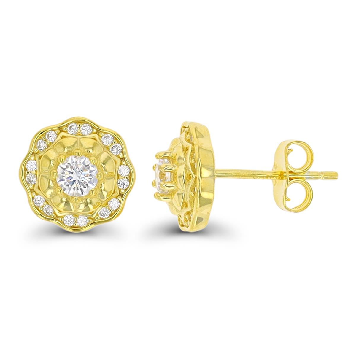 Sterling Silver Yellow 1 Micron 9X9mm Flower White CZ  Stud Earring