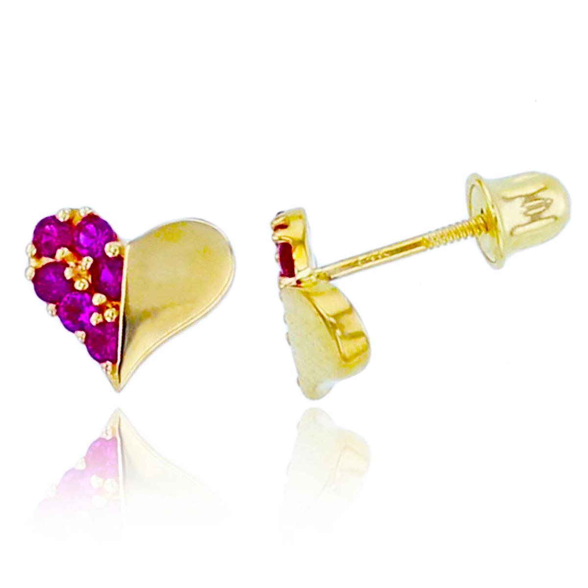 10K Yellow Gold Ruby CZ Half Pave/Polished Heart Screwback 6x7mm Stud Earring