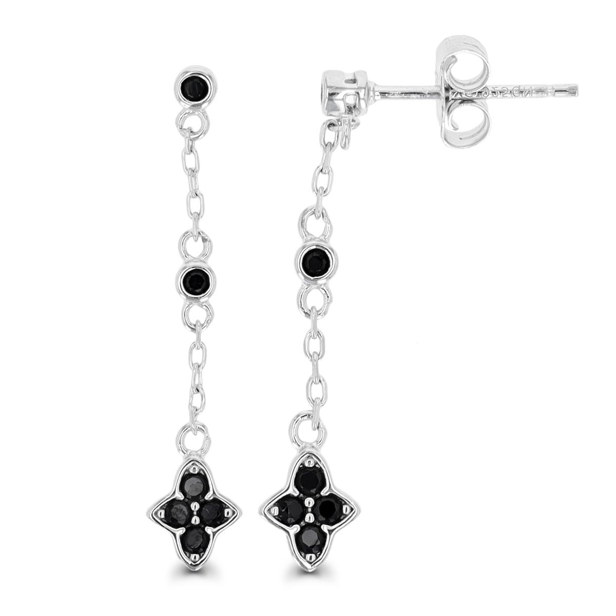 Sterling Silver Rhodium 28X5.6mm Black Spinel Chain Dangling Earring