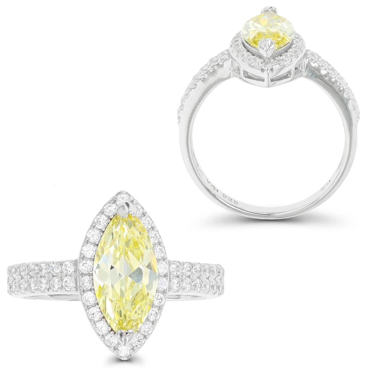 Sterling Silver Rhodium 12x6mm Marquise Canary Yellow & White CZ Halo Fashion Ring