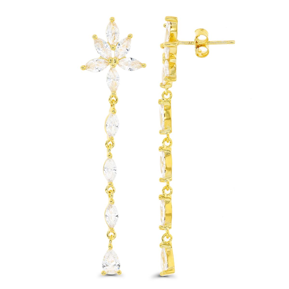 Sterling Silver Yellow 1 Micron 47X4mm  Marquize & Pear White CZ Dangling Earring