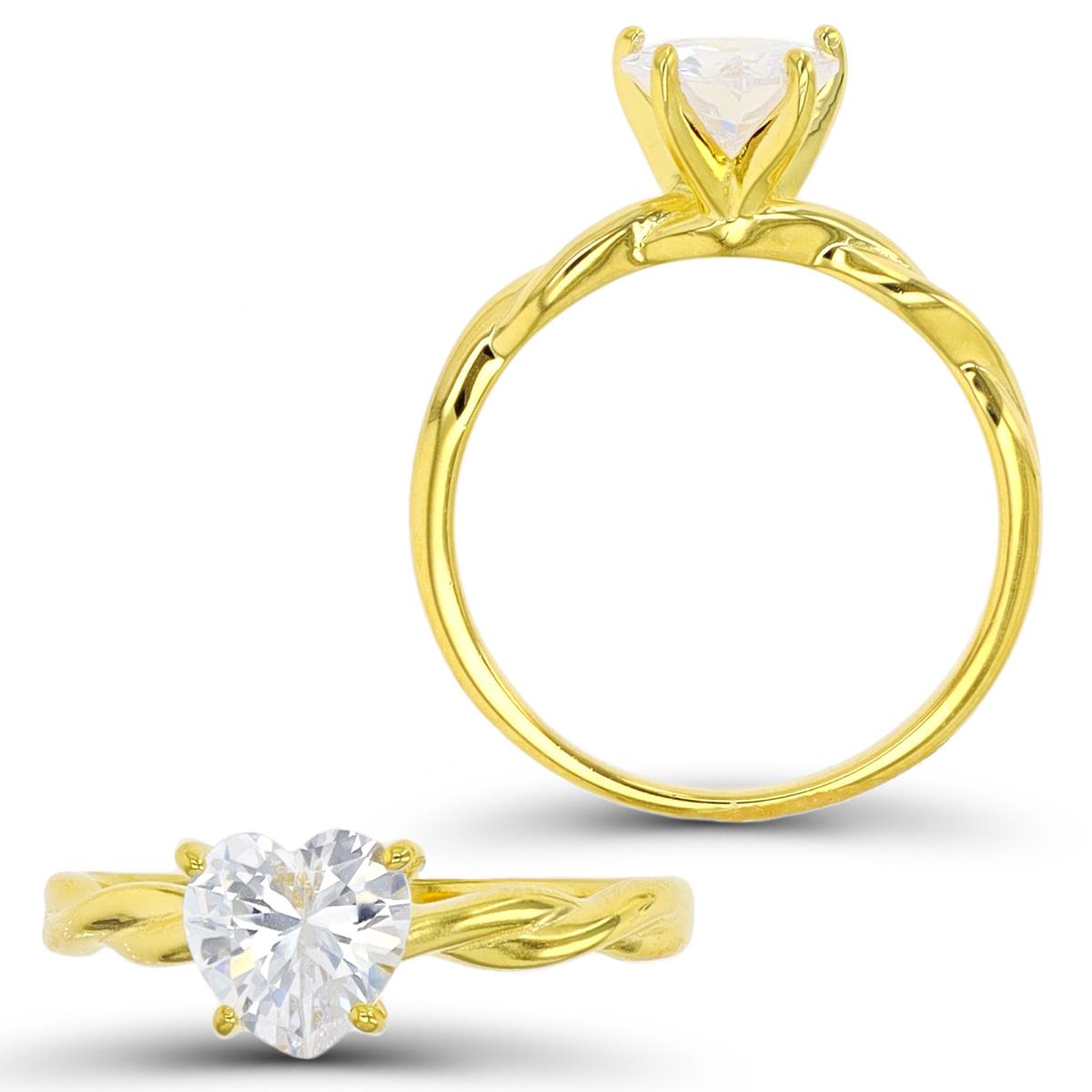 Sterling Silver Yellow 1 Micron 7mm Heart White CZ Solitaire Polished Engagement  Ring
