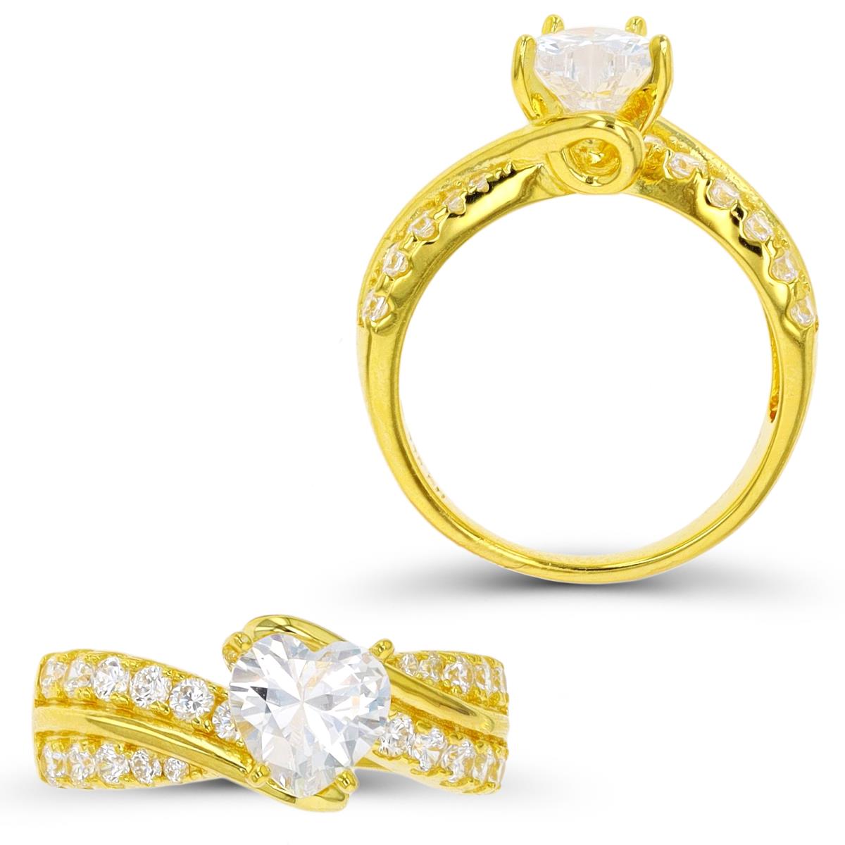 Sterling Silver Yellow 1 Micron 7mm Heart White CZ Polished Fashion Ring