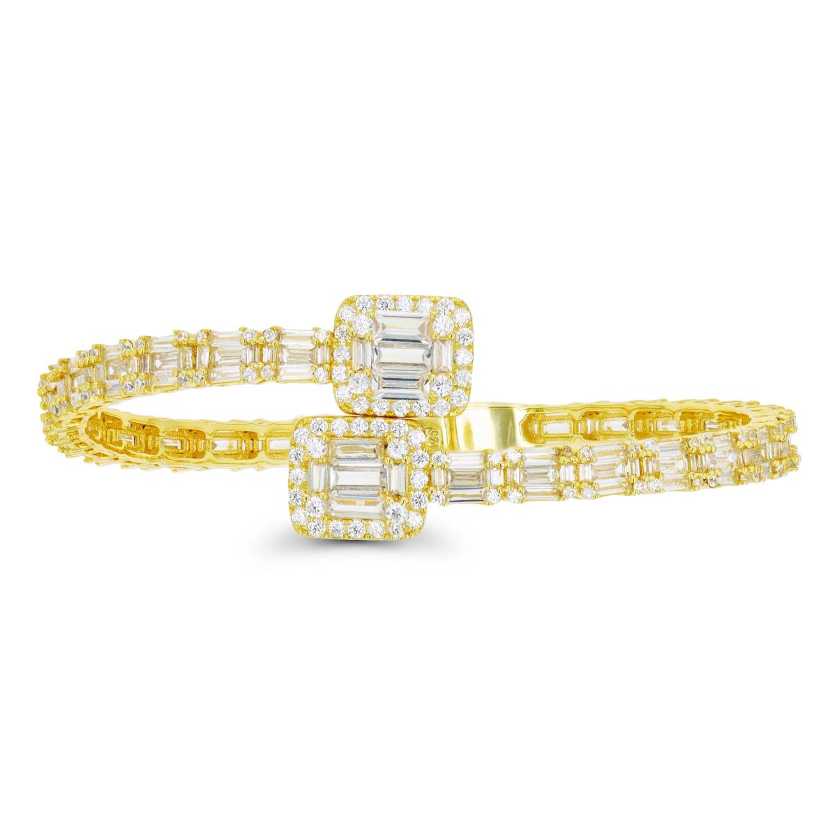 Sterling Silver Yellow 1-Micron Rd and Baguette CZ Overlapped Bangle Bracelet
