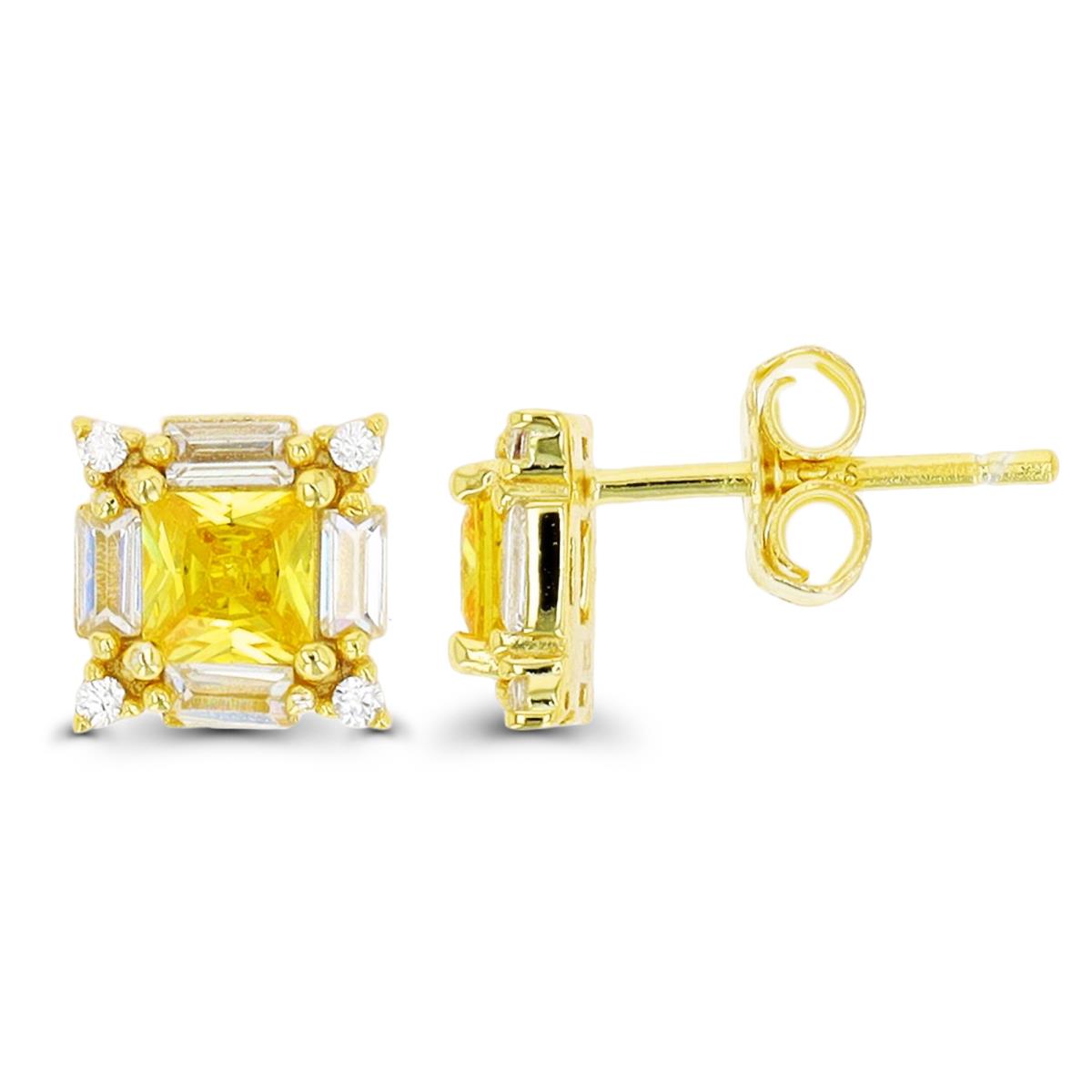 Sterling Silver Yellow 1-Micron Sq, Bgt & Rd CZ Square Stud Earring
