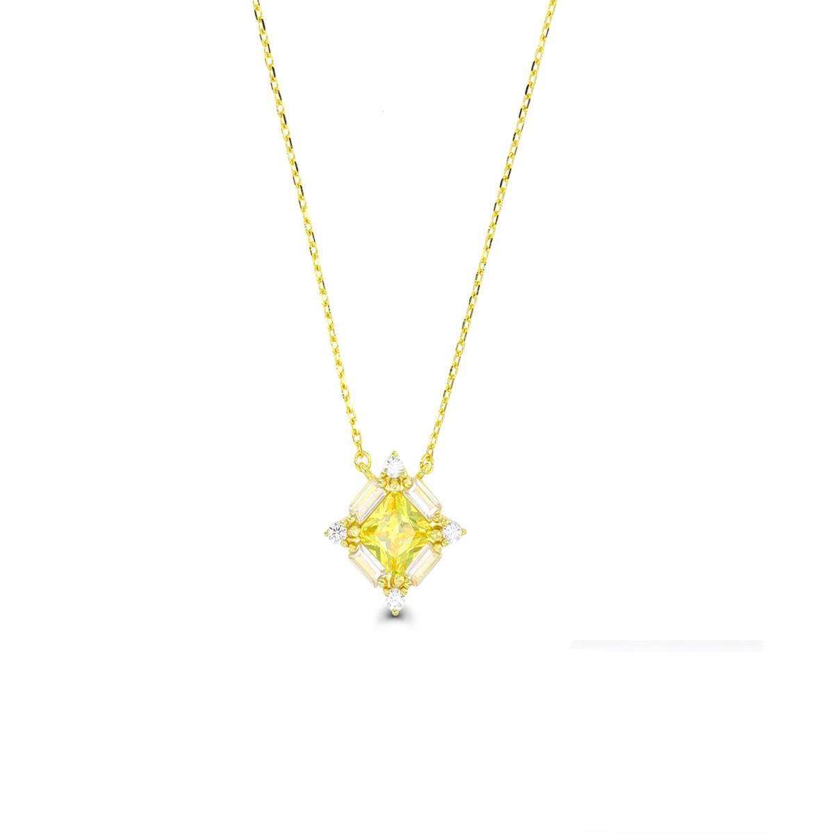 Sterling Silver Yellow 1-Micron Sq, Bgt & Rd CZ Square 16"+2" Necklace