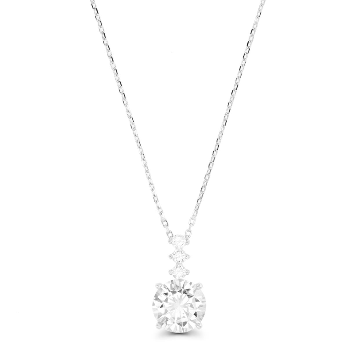 Sterling Silver Rhodium 9mm Rd CZ Drop 16"+2" Necklace