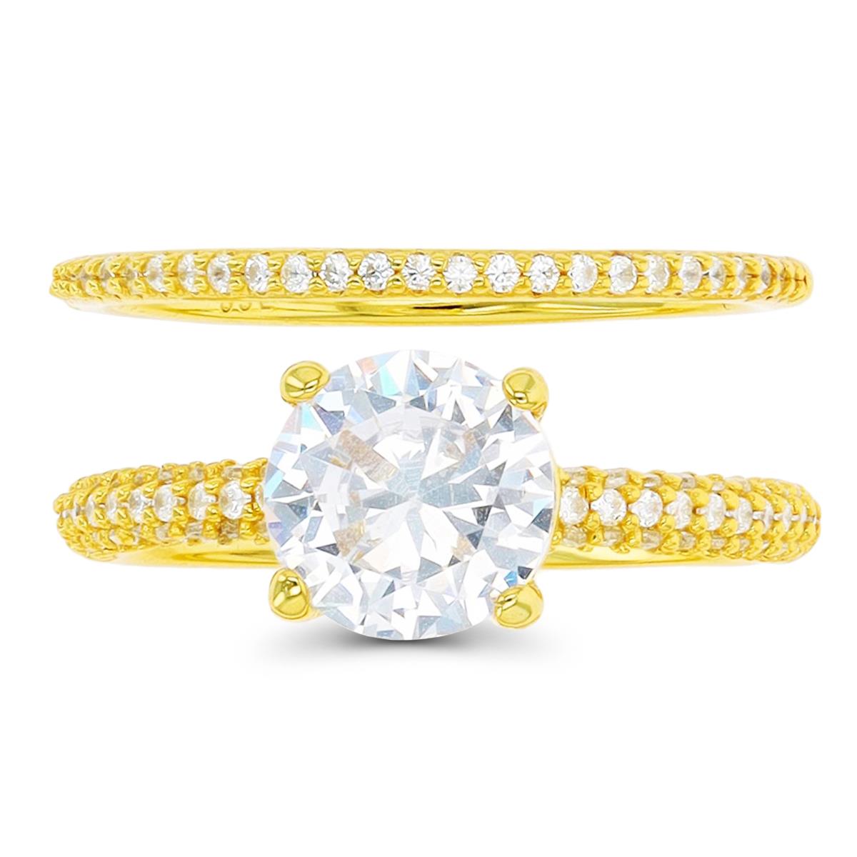 Sterling Silver Yellow 8mm Rd CZ Paved Wedding Duo Ring
