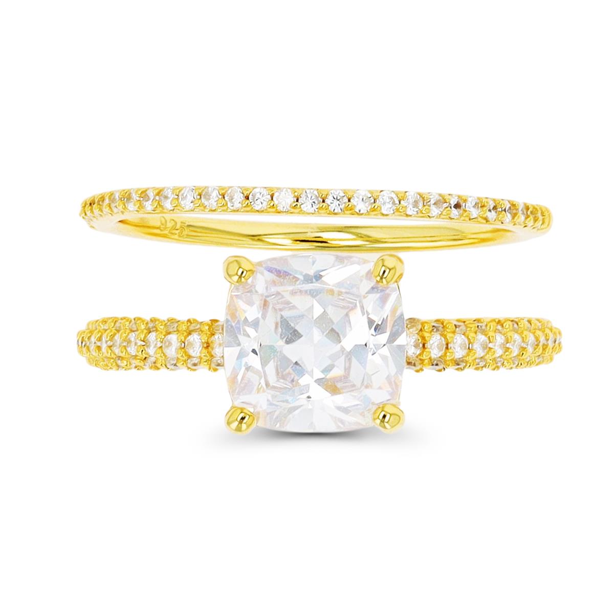 Sterling Silver Yellow 8mm Cushion CZ Wedding Duo Ring