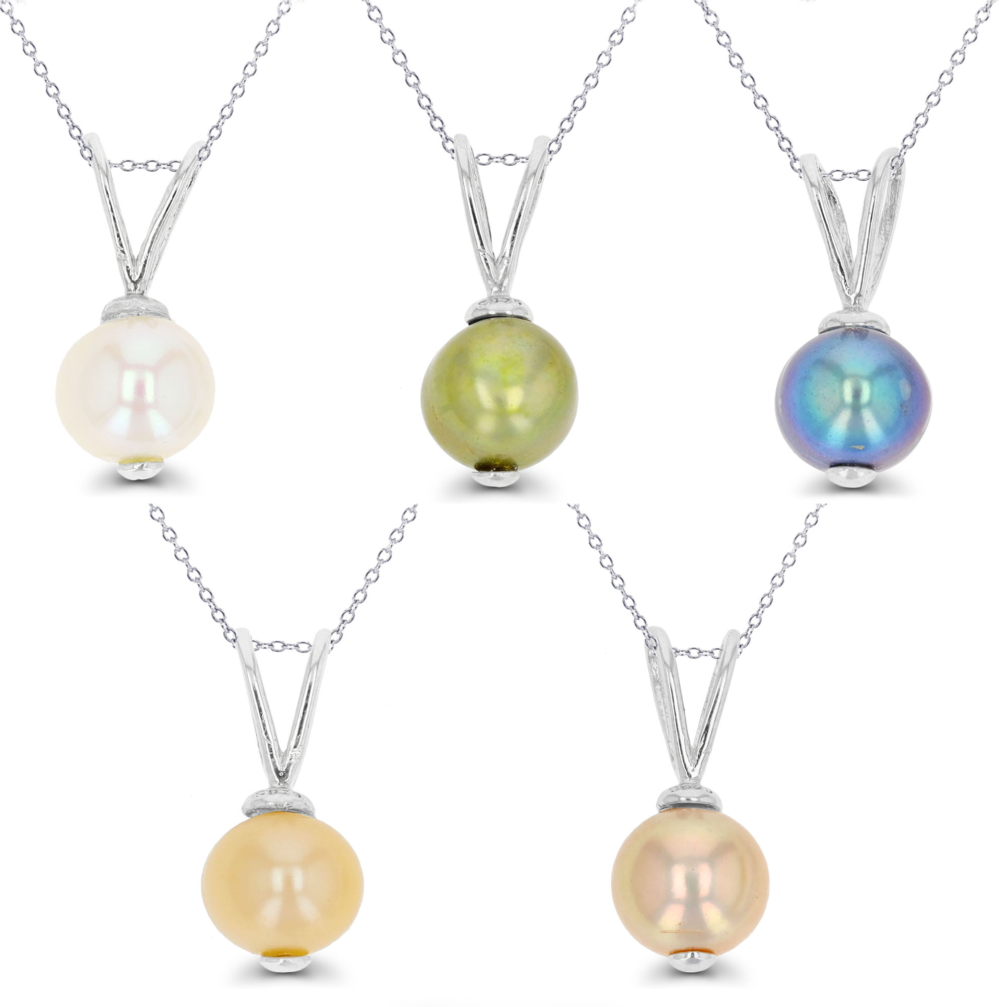 Sterling Silver Rhodium White, Pink, Peacock, Green, Gray Pearl Set of 5 18"+2" Necklaces