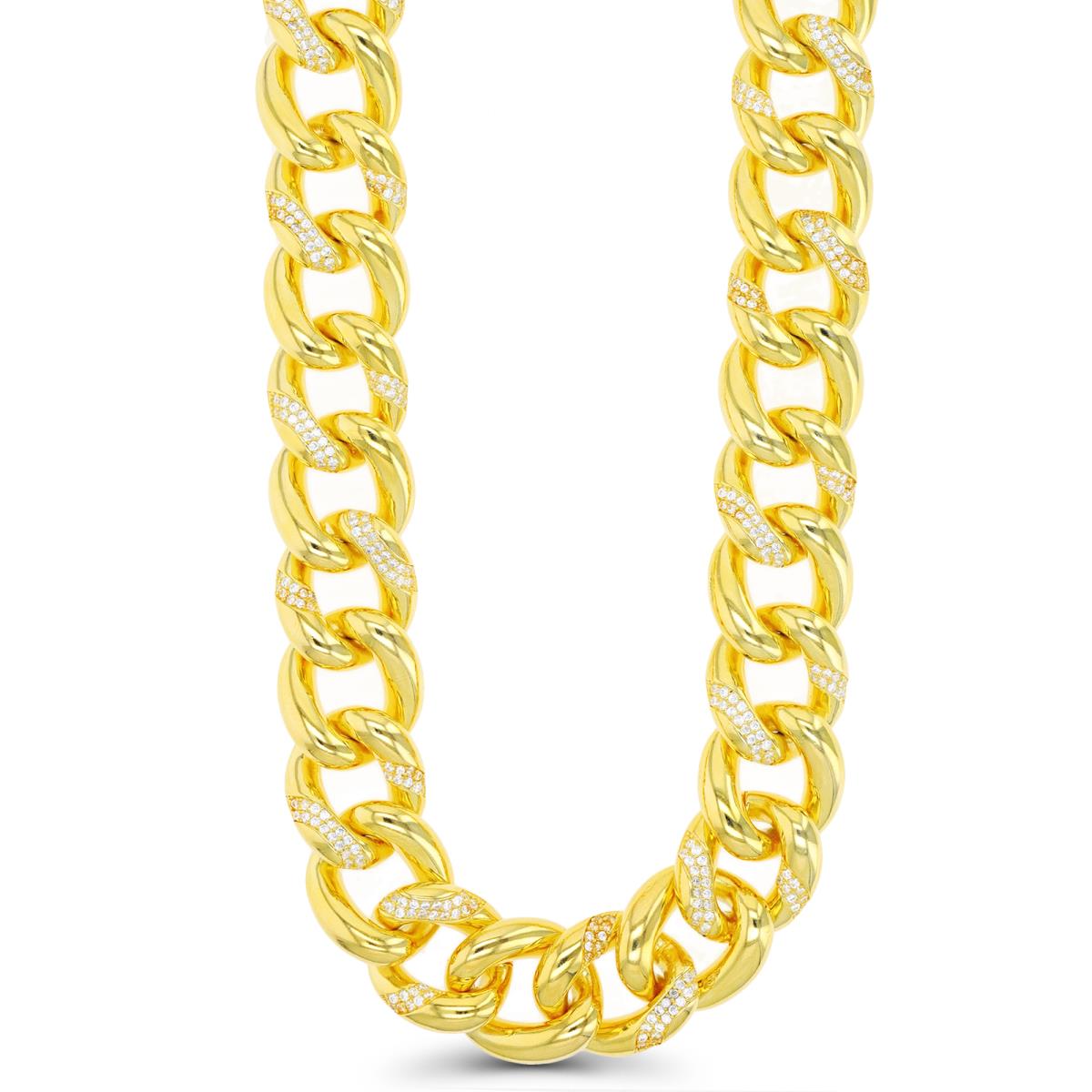 Sterling Silver Yellow 15.5mm Paved & Polished Cuban 16" Chain