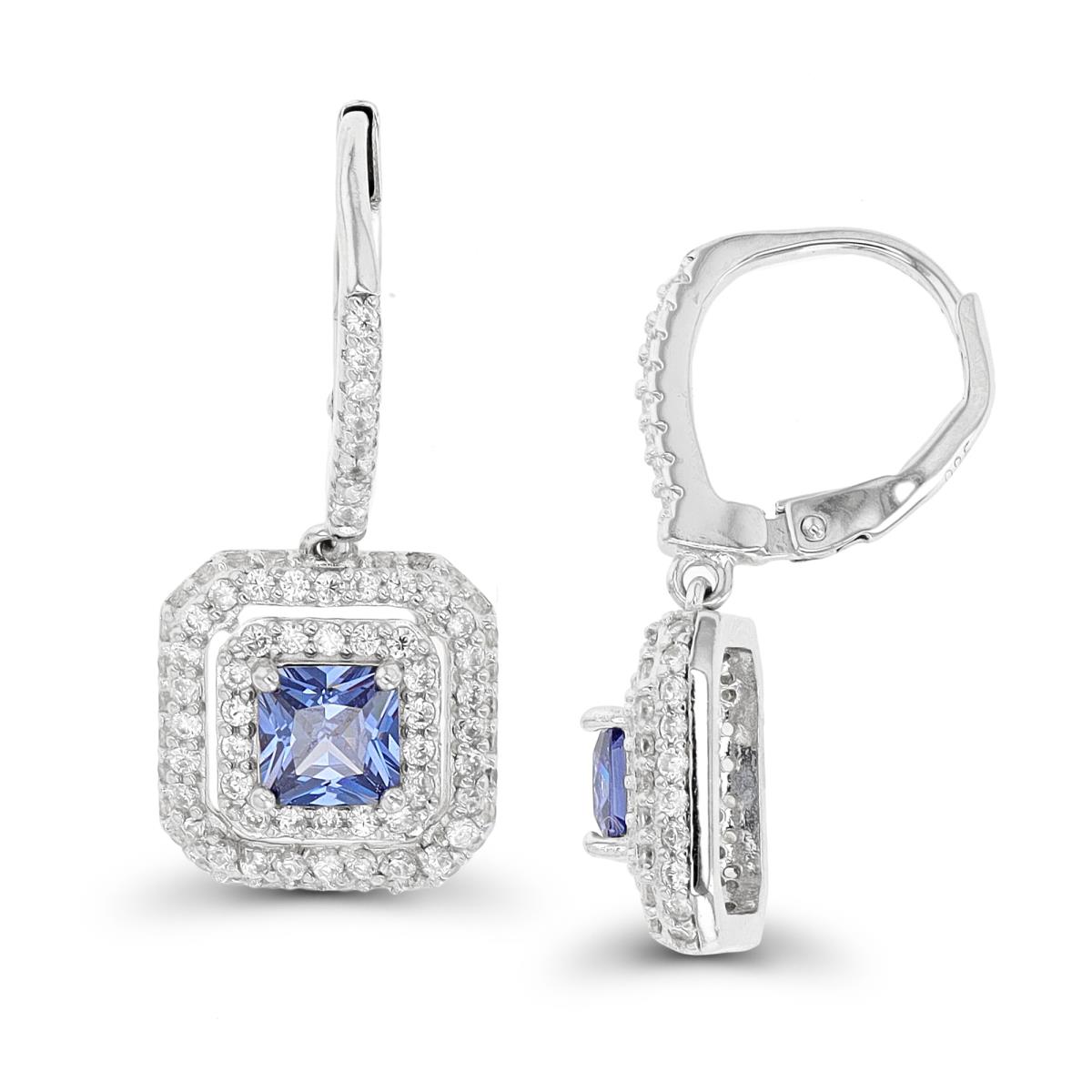 Sterling Silver Rhodium 5mm Tanzanite Square CZ Double Halo Lever Back Earring