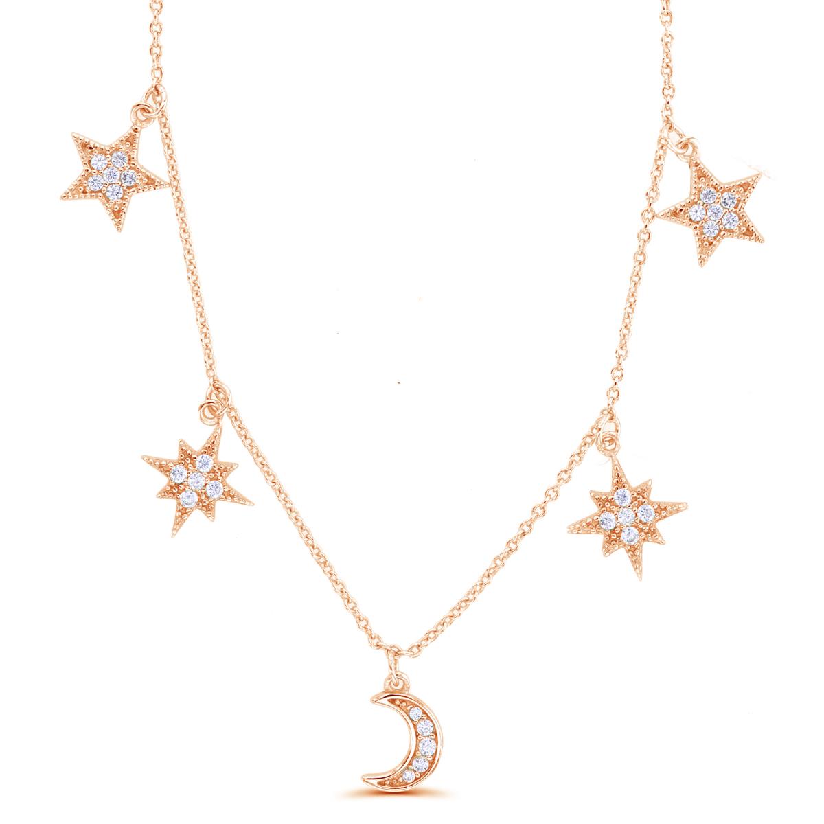 Sterling Silver Rose Paved Star & Moon Dangling 16"+2" Necklace