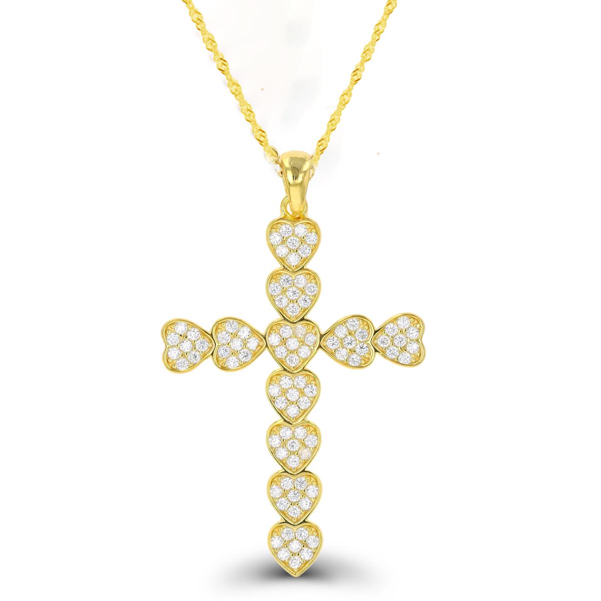 Sterling Silver Yellow 1 Micron 40X26mm Cross Hearts Pave White CZ 18"+2" Singapore Necklace