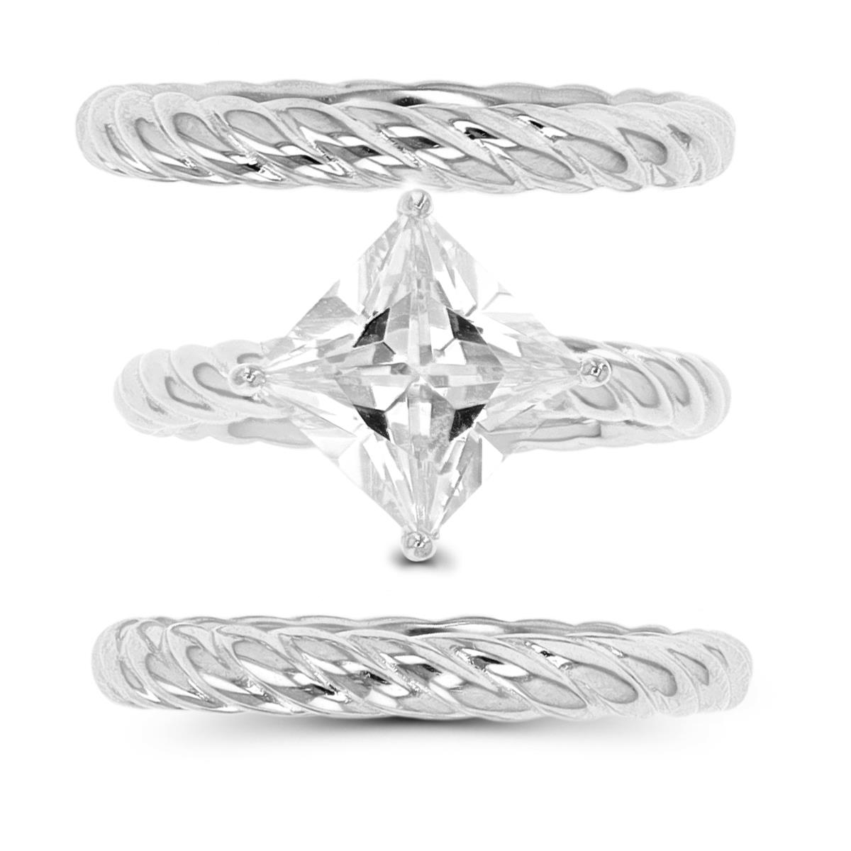 Sterling Silver Rhodium 8mm Square White CZ & Rope Band Set