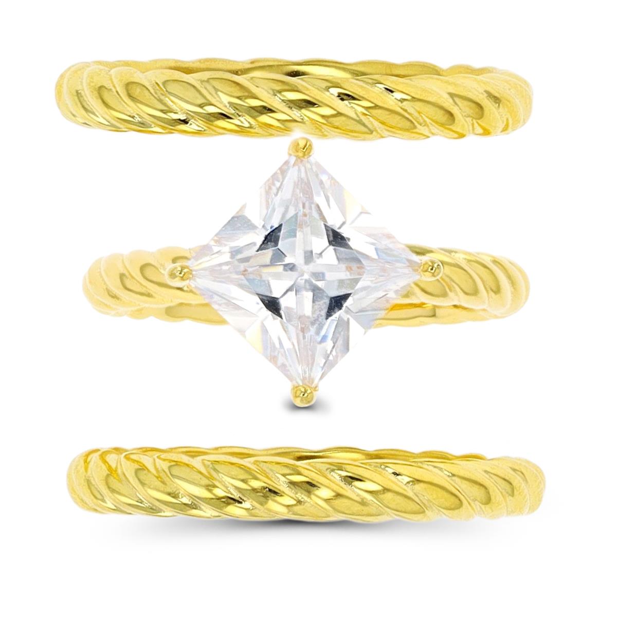 Sterling Silver Yellow 1-Micron 8mm Square White CZ & Rope Band Set