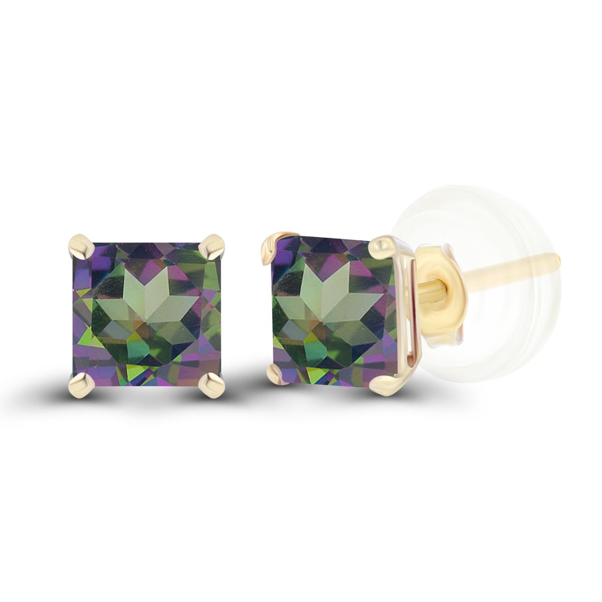 14K Yellow Gold 4mm Square Mystic Quartz Basket Stud Earrings with Silicone Back