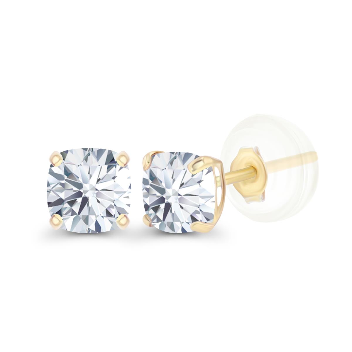 14K Yellow Gold 4mm Cushion Created White Sapphire Basket Stud Earrings with Silicone Backs
