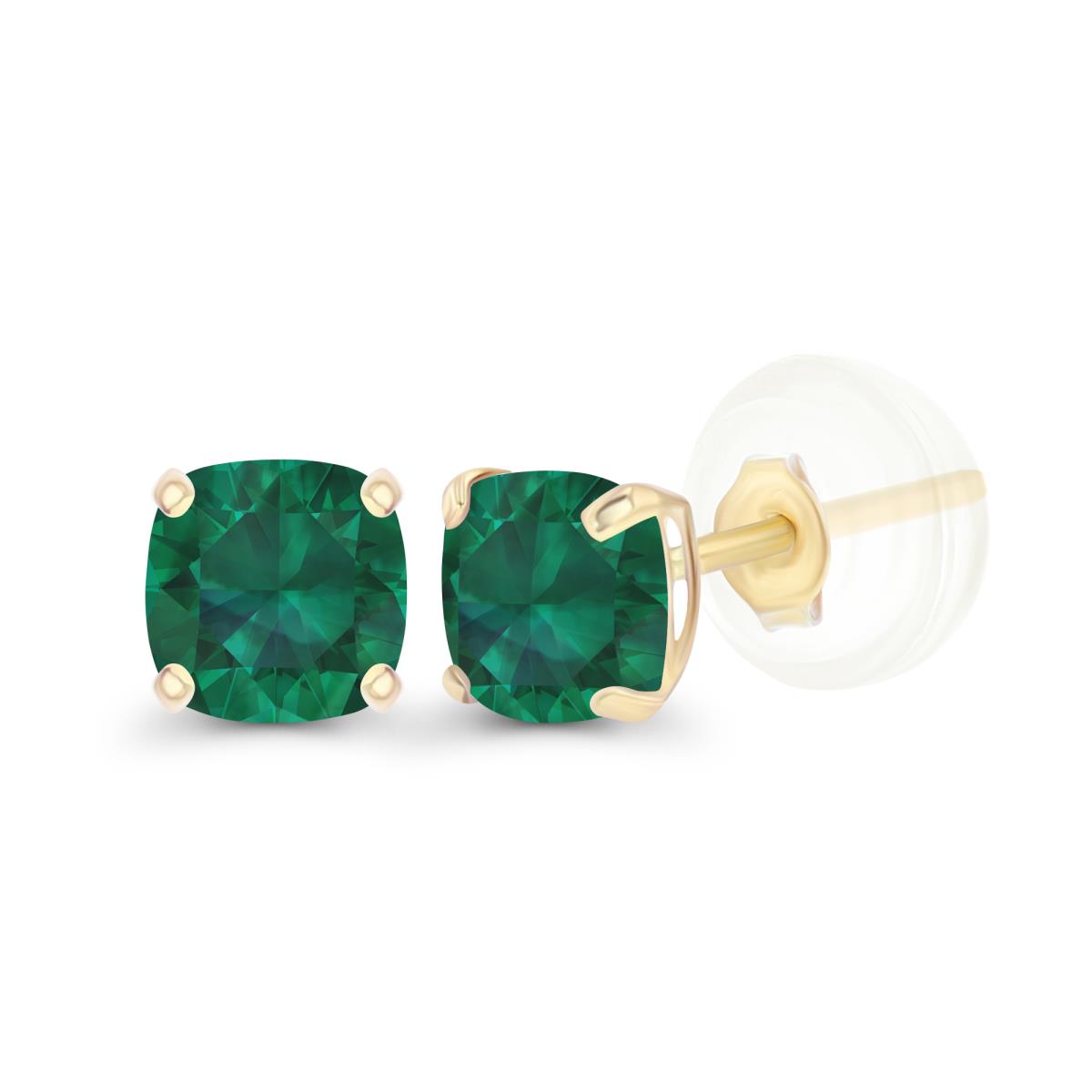 14K Yellow Gold 4mm Cushion Created Emerald Basket Stud Earrings with Silicone Backs