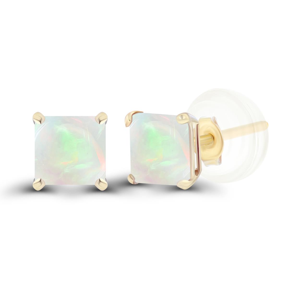 14K Yellow Gold 4mm Square Opal Basket Stud Earrings with Silicone Back