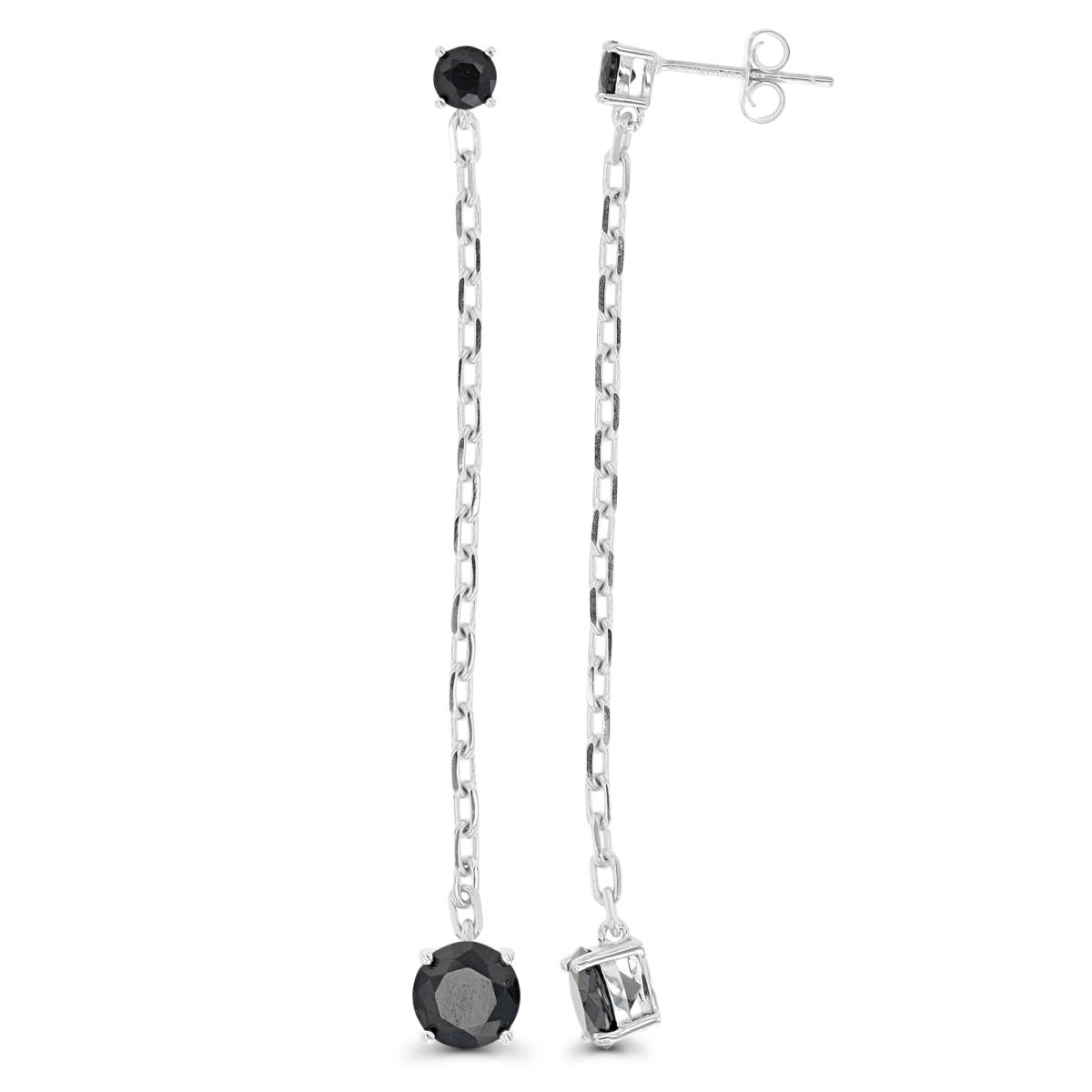 Sterling Silver Rhodium 65X7mm Chain Black Spinel  Dangling Earring