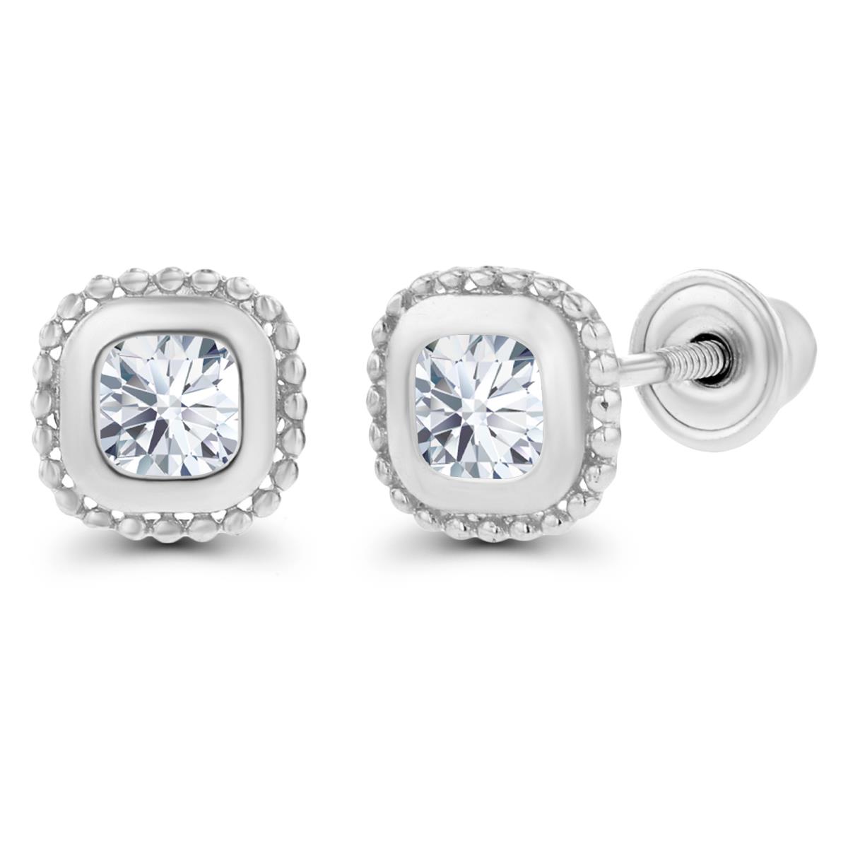 14K White Gold 3mm Created White Sapphire Bezel Milgrain Cushion Screwback Earrings