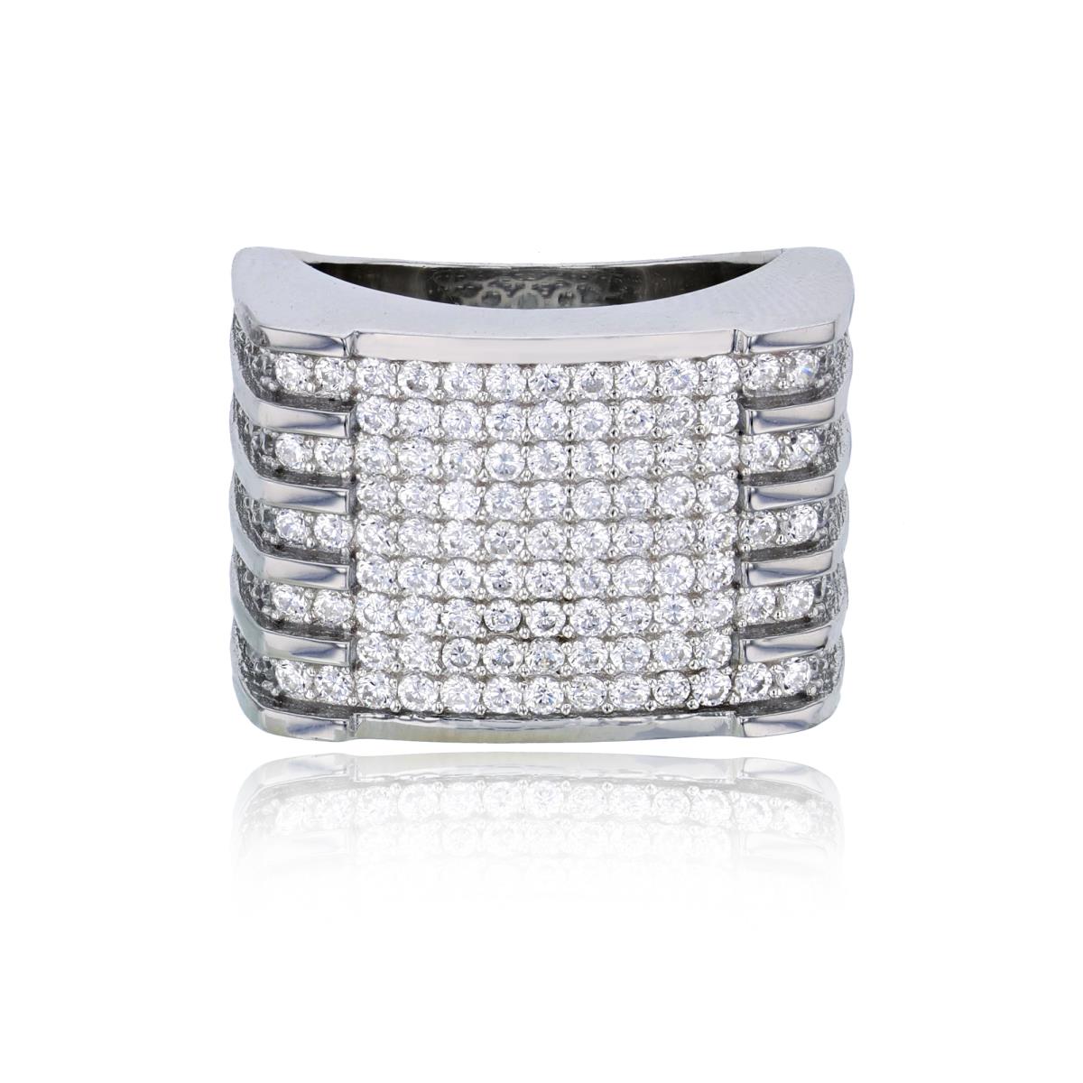 Sterling Silver Rhodium Multi-Row Micropave Flat Top Men's Ring