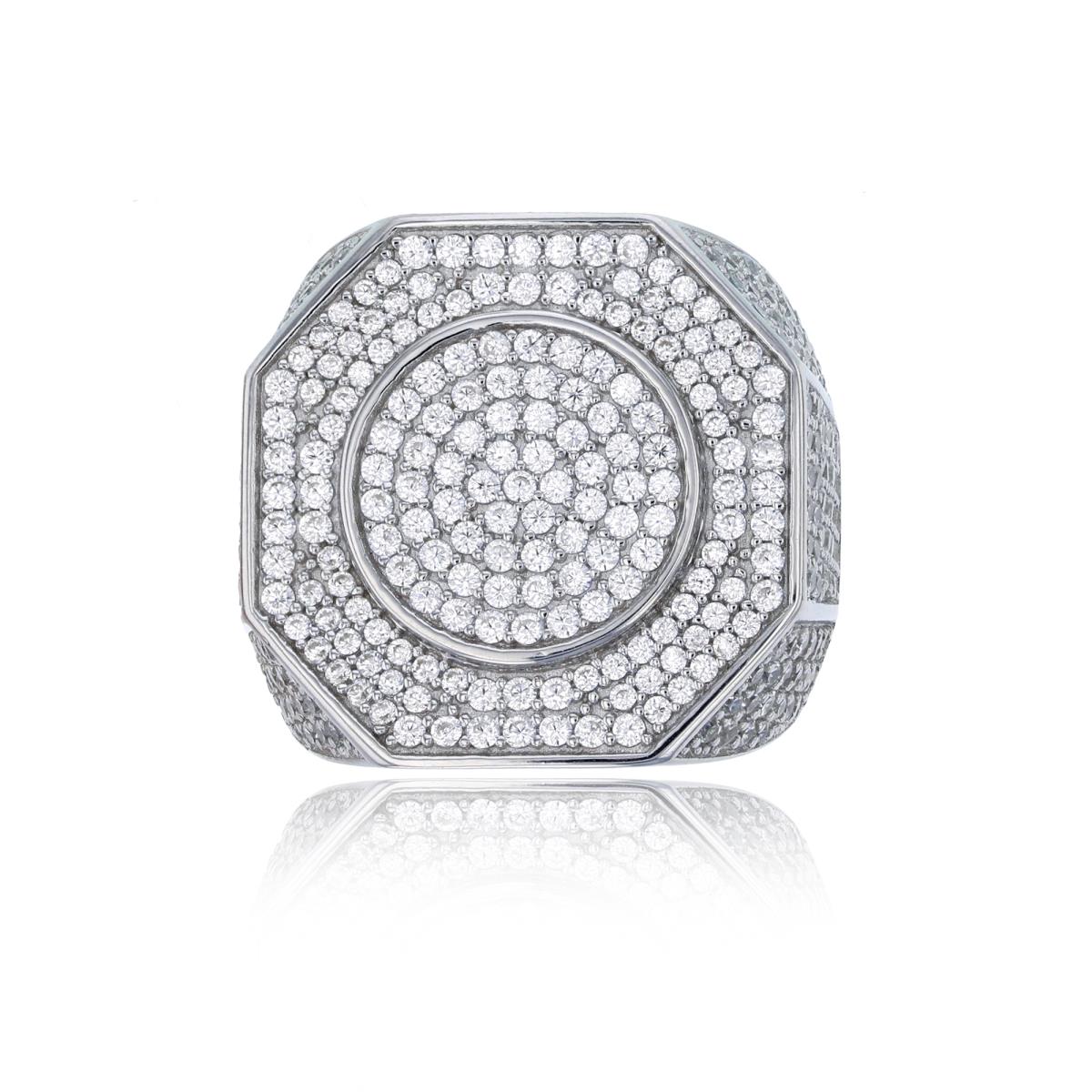 Sterling Silver Rhodium Micropave Octagonal Men's Ring