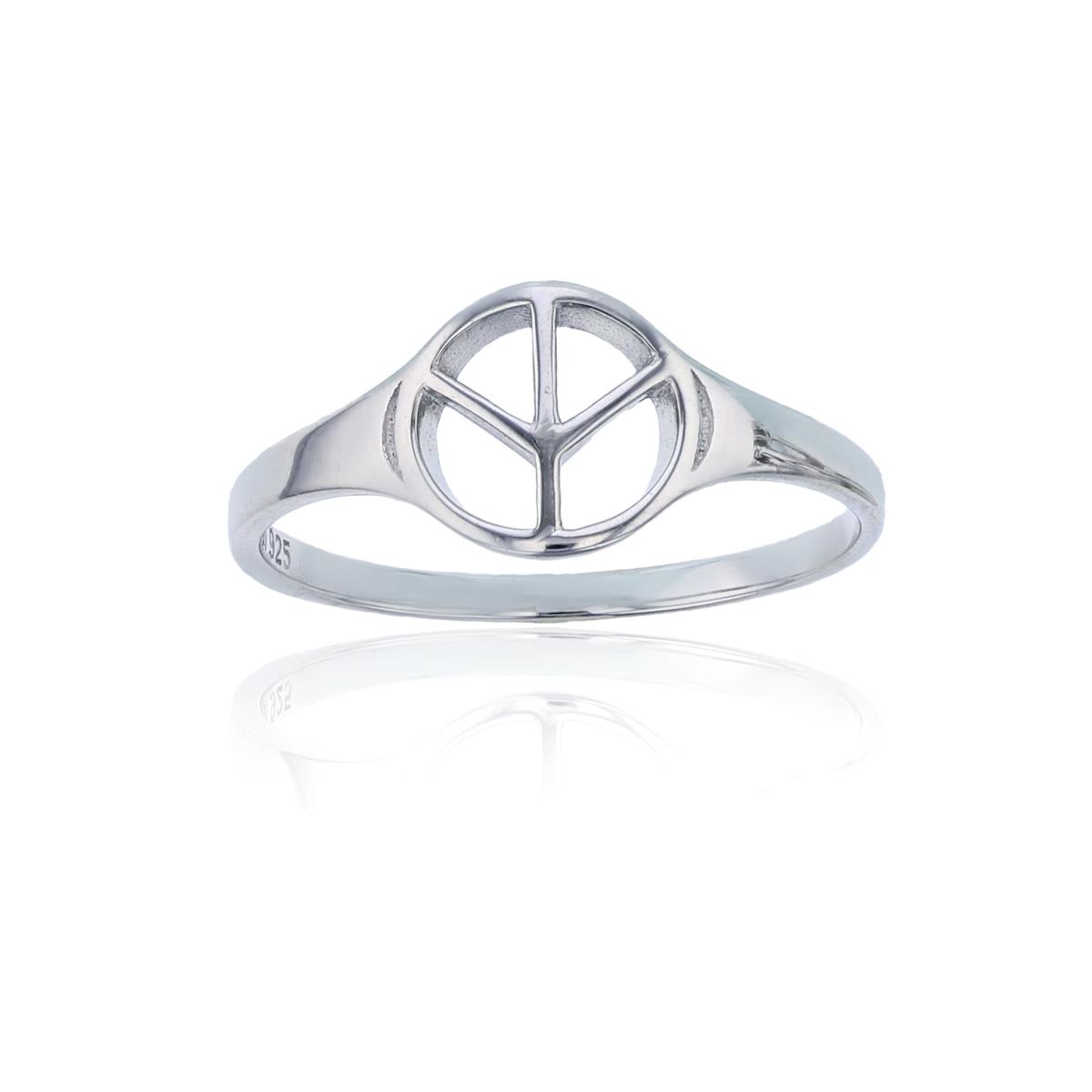 Sterling Silver Rhodium High Polished Peace Sign Ring