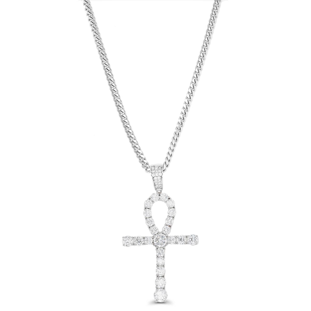 Sterling Silver Rhodium 53x29mm Pave Ankh 24" Cuban Necklace