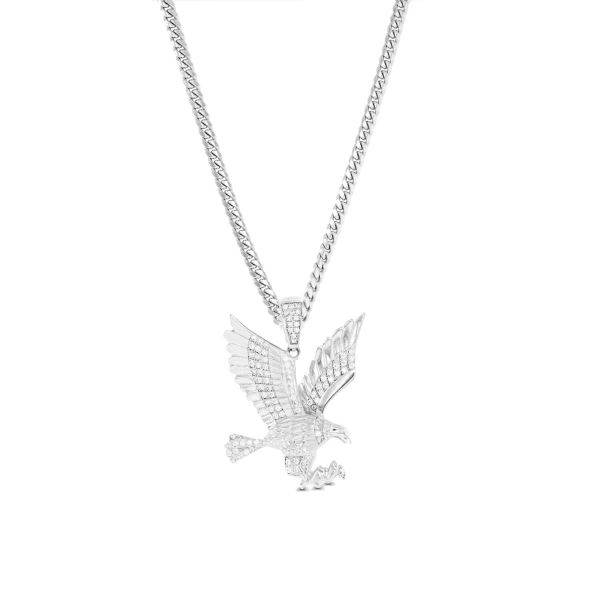 Sterling Silver Rhodium Eagle In Flight Pave Dangling 24" Cuban Necklace
