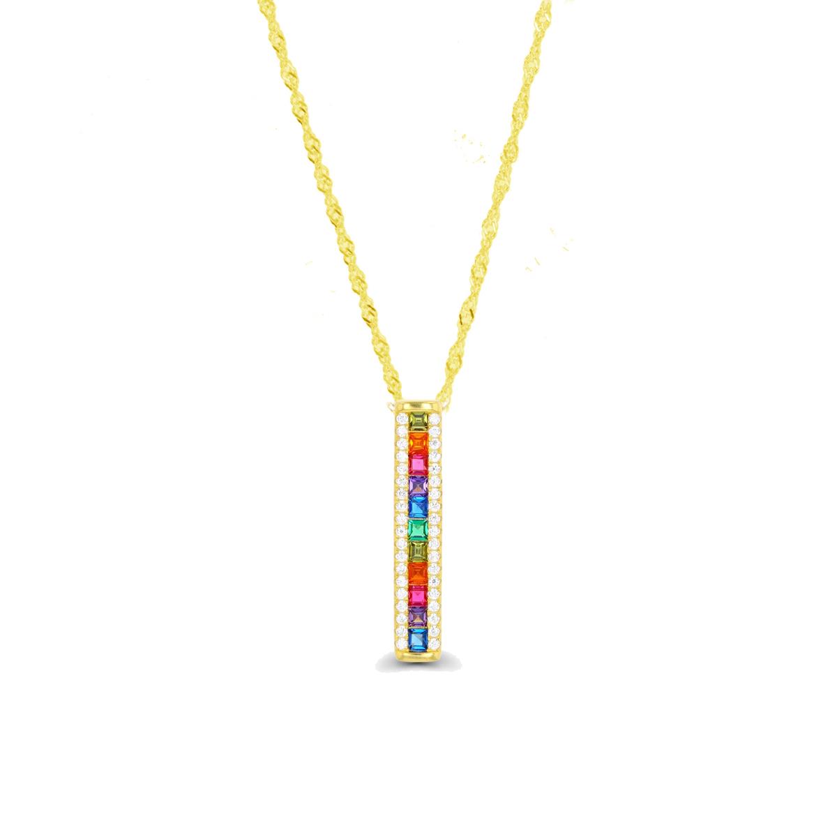 Sterling Silver Yellow 1 Micron Dangling  Straight Baguette Multi Color CZ 18+2" Singapore Necklace