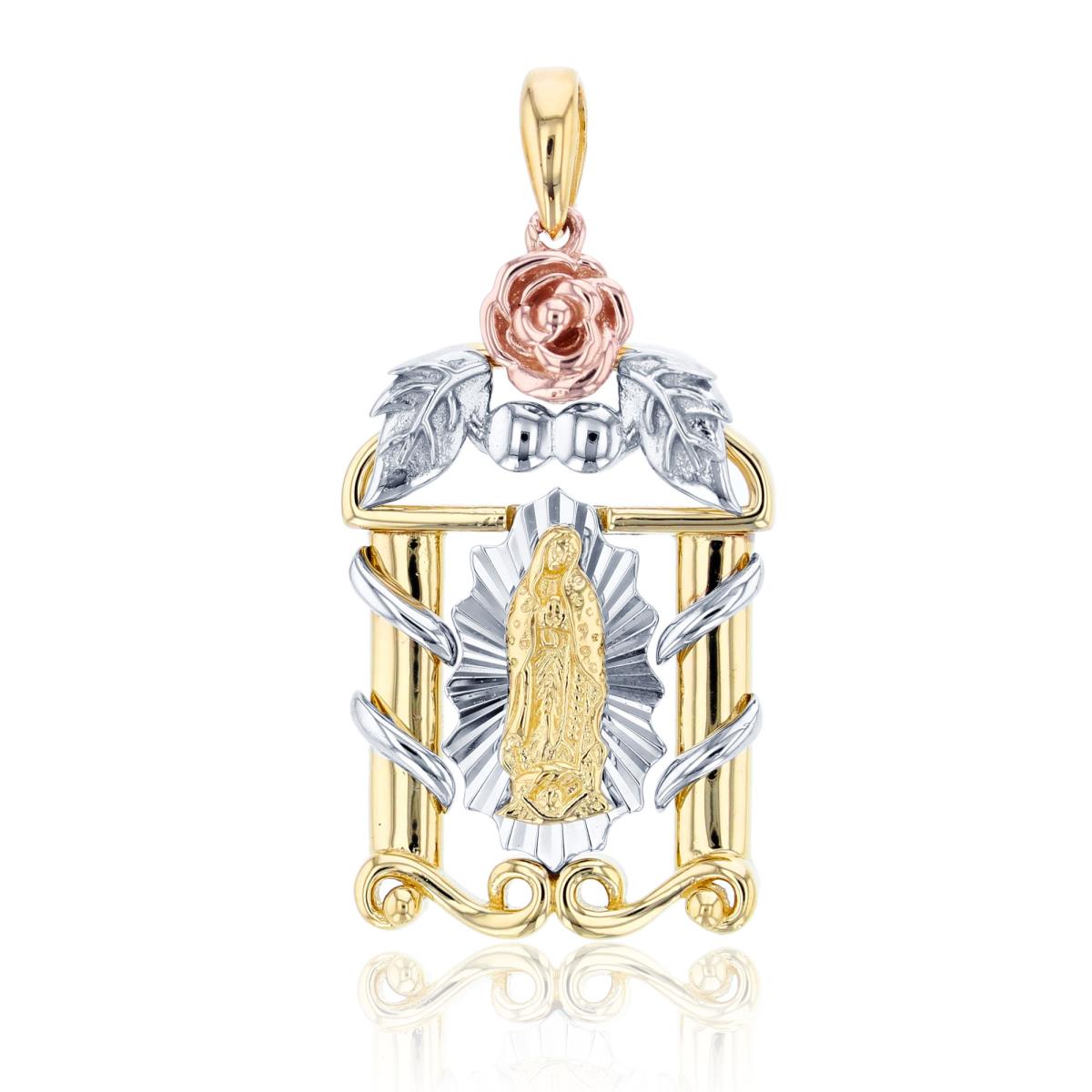10K Tri-Color Gold Virgin Mary Rose House Pendant