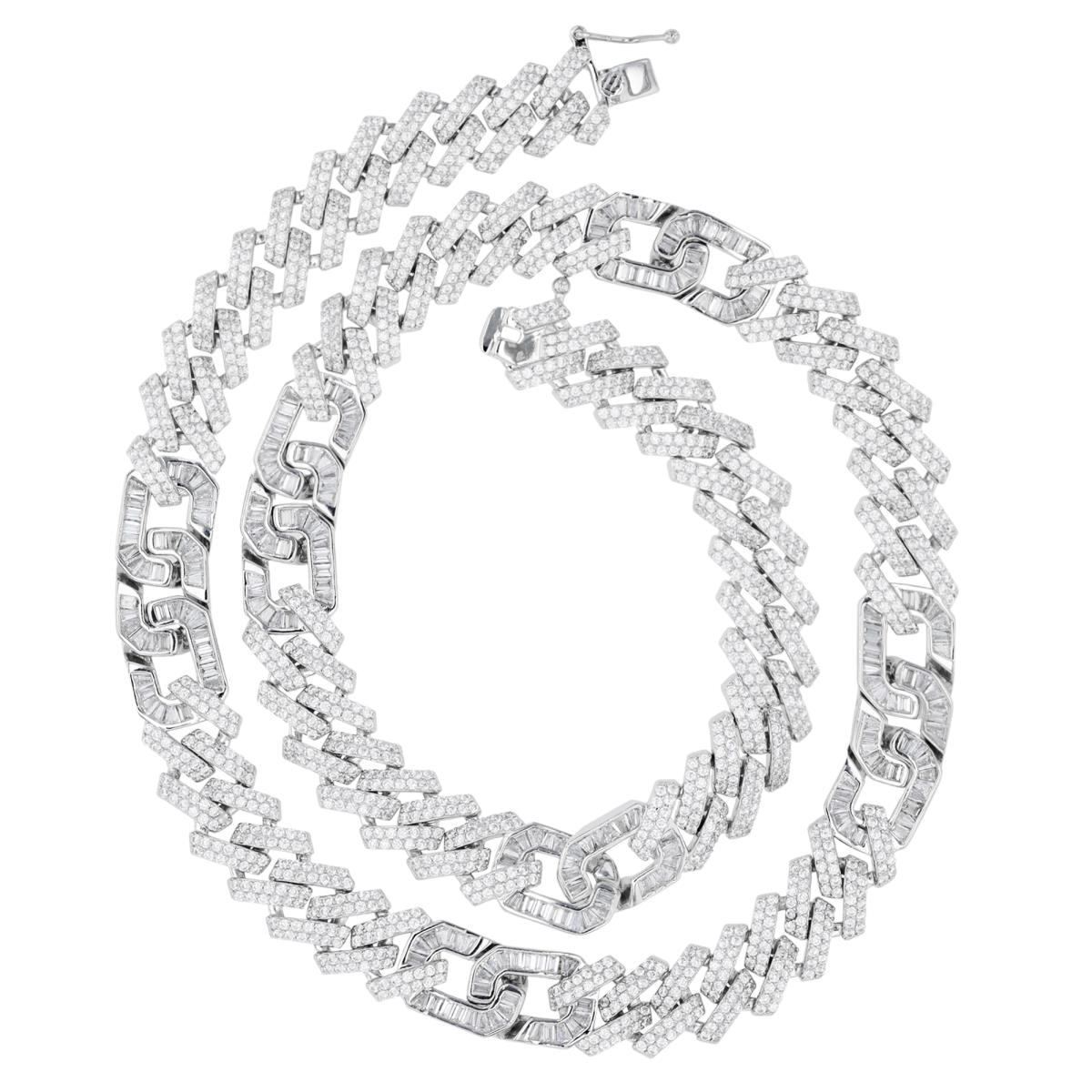 Sterling Silver Rhodium Cuban Straight & Tappered Baguette White CZ  22" Chain
