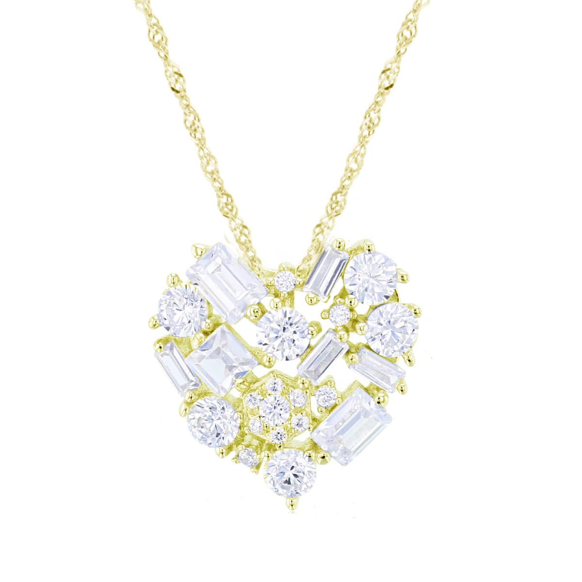 Sterling Silver Yellow 1-Micron SB/Rnd & Princess White CZ Scattered Heart 18"+2" Singapore Necklace