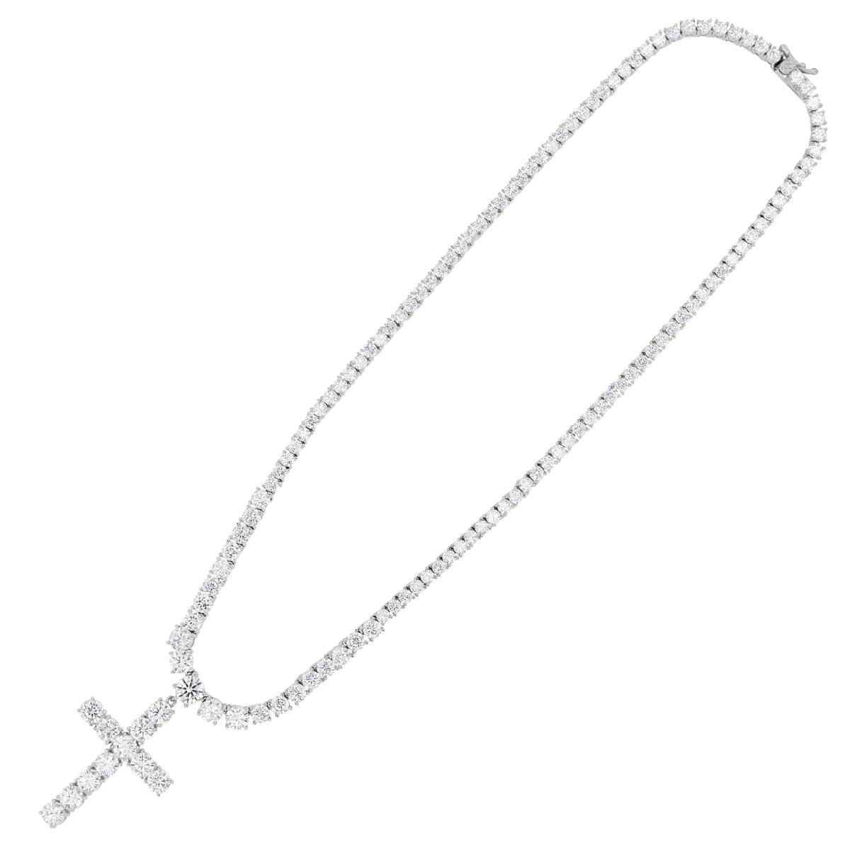 Sterling Silver Rhodium White CZ Cross 18" Tennis  Necklace