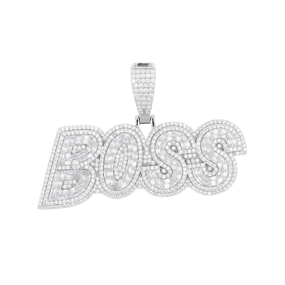 Sterling Silver Rhodium White CZ "BOSS" Pendant