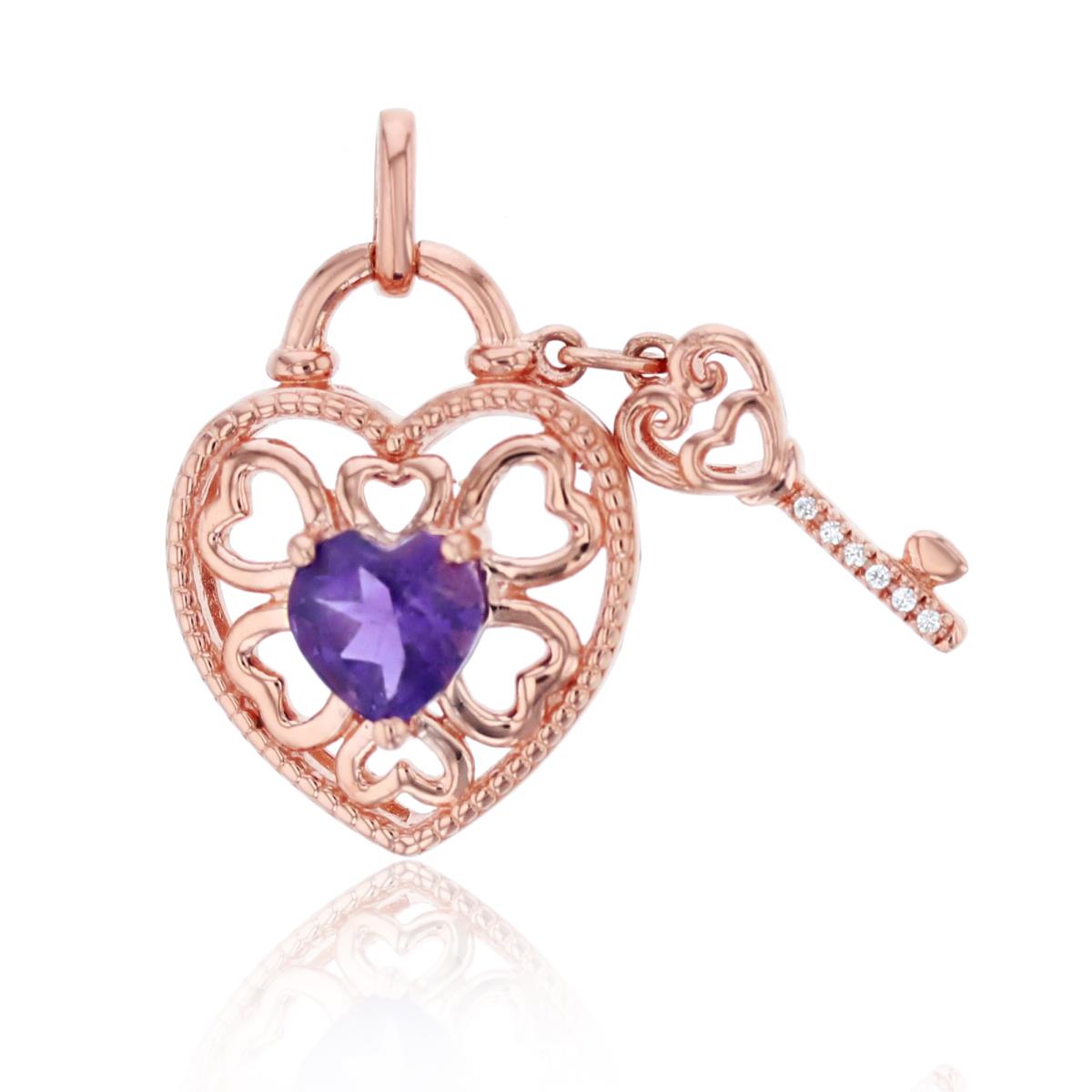 Sterling Silver Rose Cr. White Sapphire Rnd Diam & 6mm HS Amethyst Heart/Key 18" Necklace
