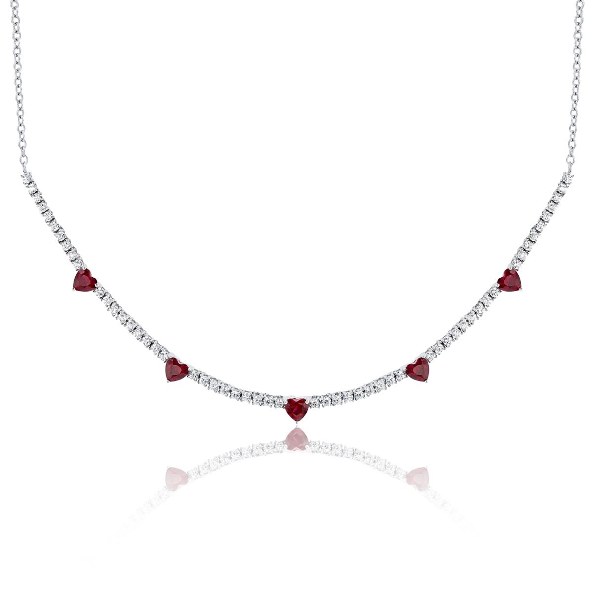 Sterling Silver Rhodium 5mm Ruby Round & White Rd Cr. White Sapphire 18" Necklace