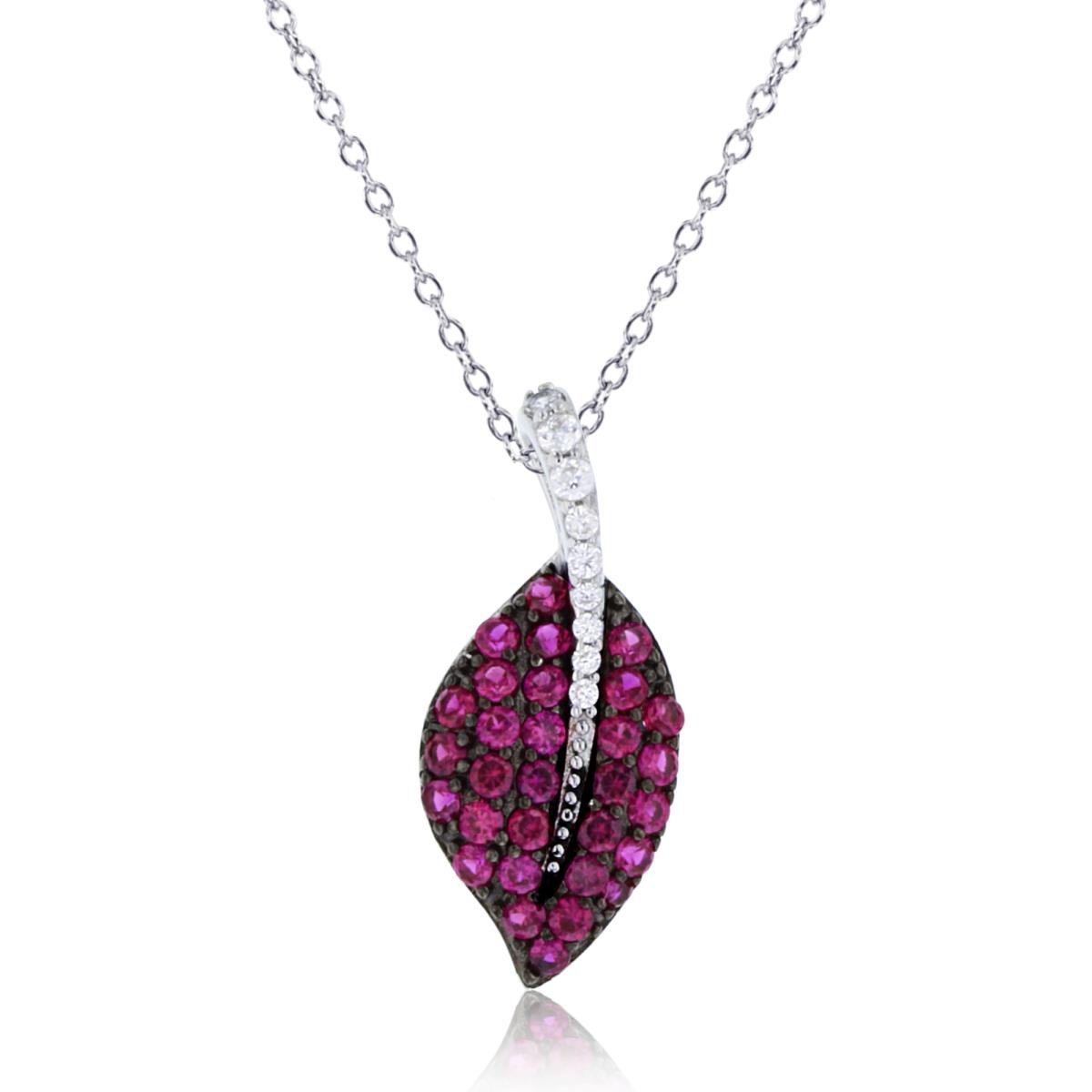 Sterling Silver Two-Tone Rnd Ruby & Cr White Sapphire Micropave Leaf 18"Necklace