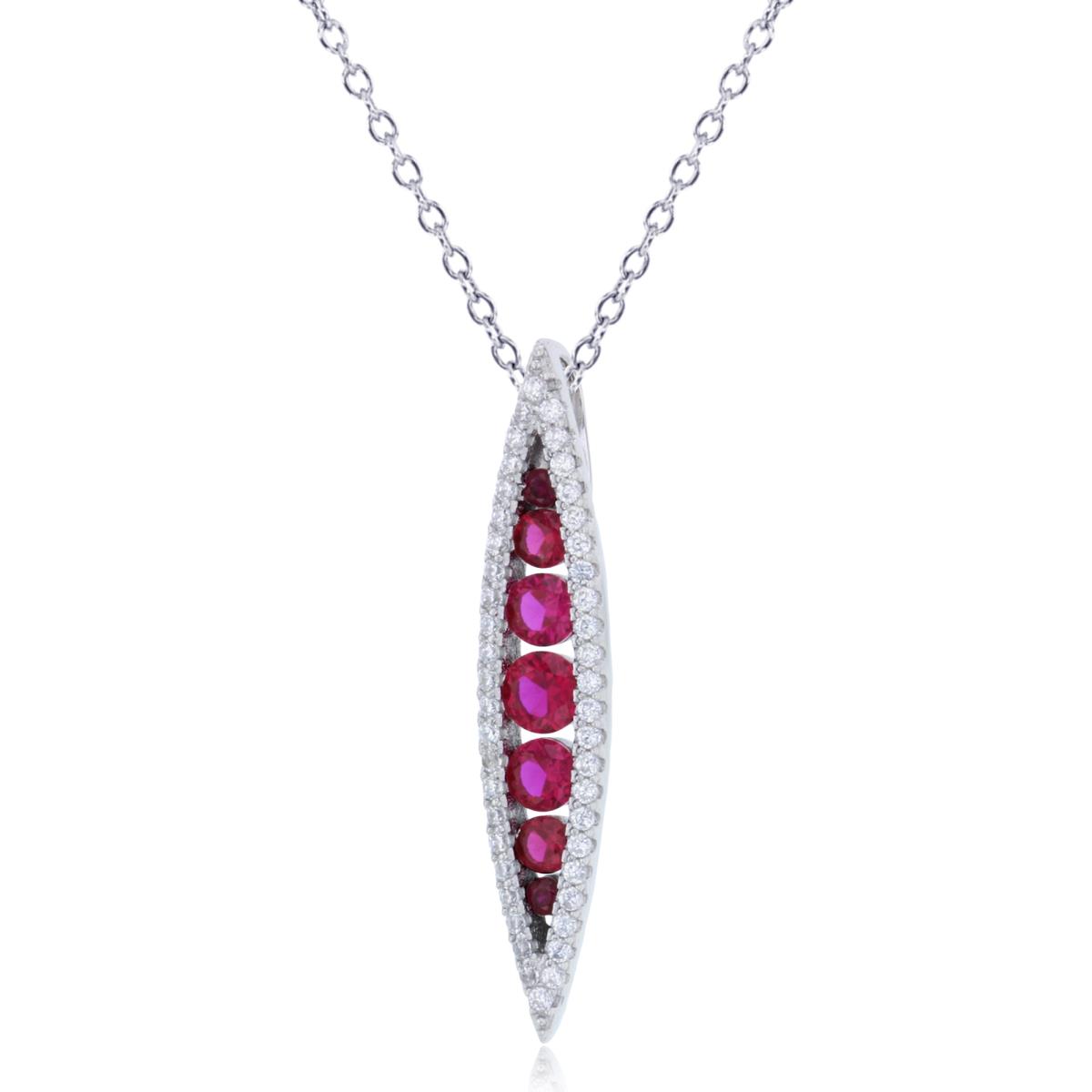 Sterling Silver Rhodium Graduated Rnd Cr White Sapphire & Ruby CZ MQ-shape Drop 18"Necklace