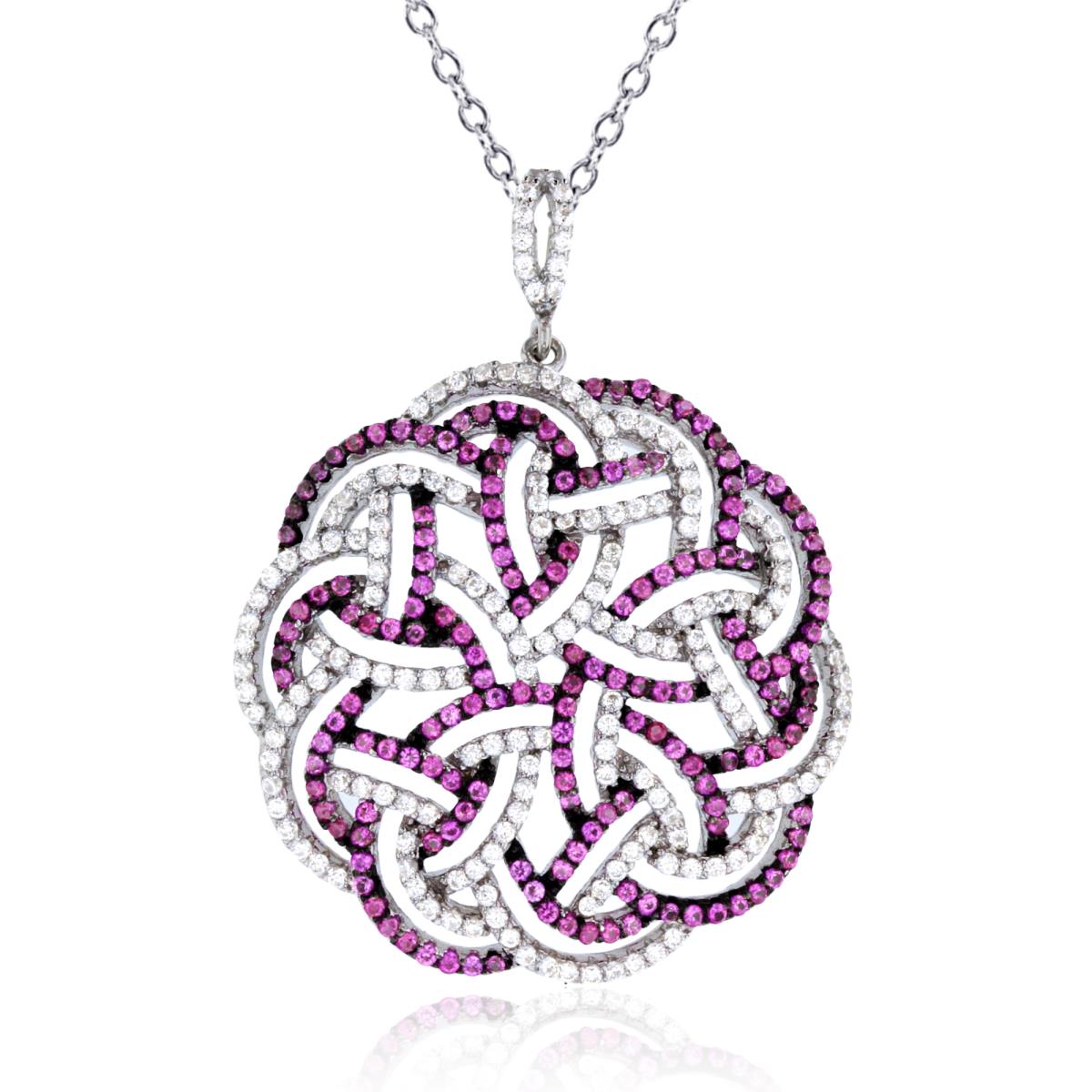 Sterling Silver Rhodium Rnd Cr. White Sapphire & Ruby Multirow Puffy Circle 18'Necklace