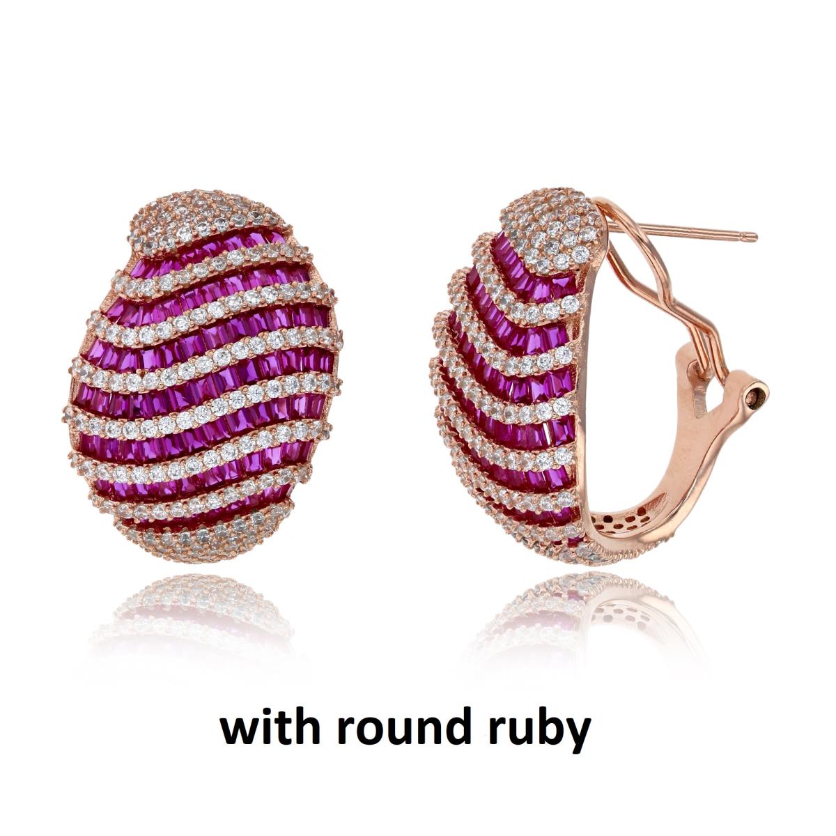 Sterling Silver Rose 25x19mm Pave Cr White Sapphire & Ruby Rd Shell Omega-Back Huggie Earring